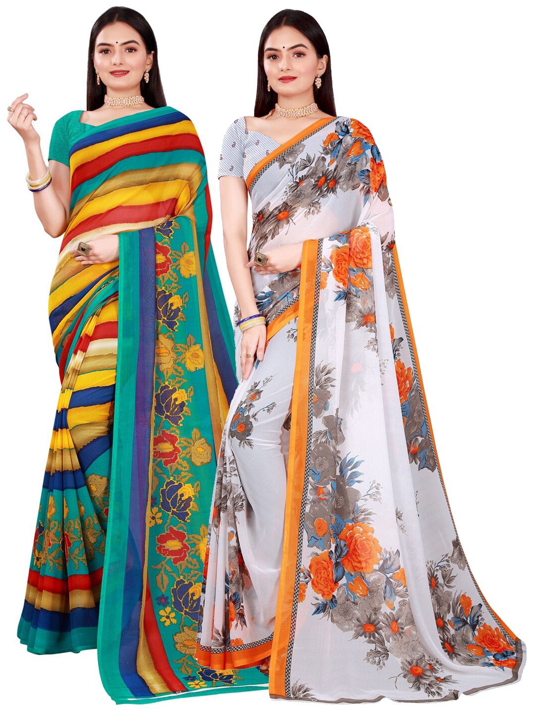 SAADHVI Pack of 2 Turquoise Blue & White Pure Georgette Saree