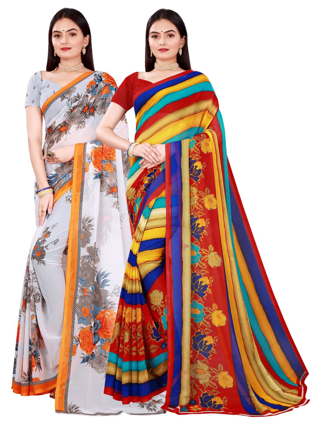 

SAADHVI Pack Of 2 White & Multicoloured Pure Georgette Saree