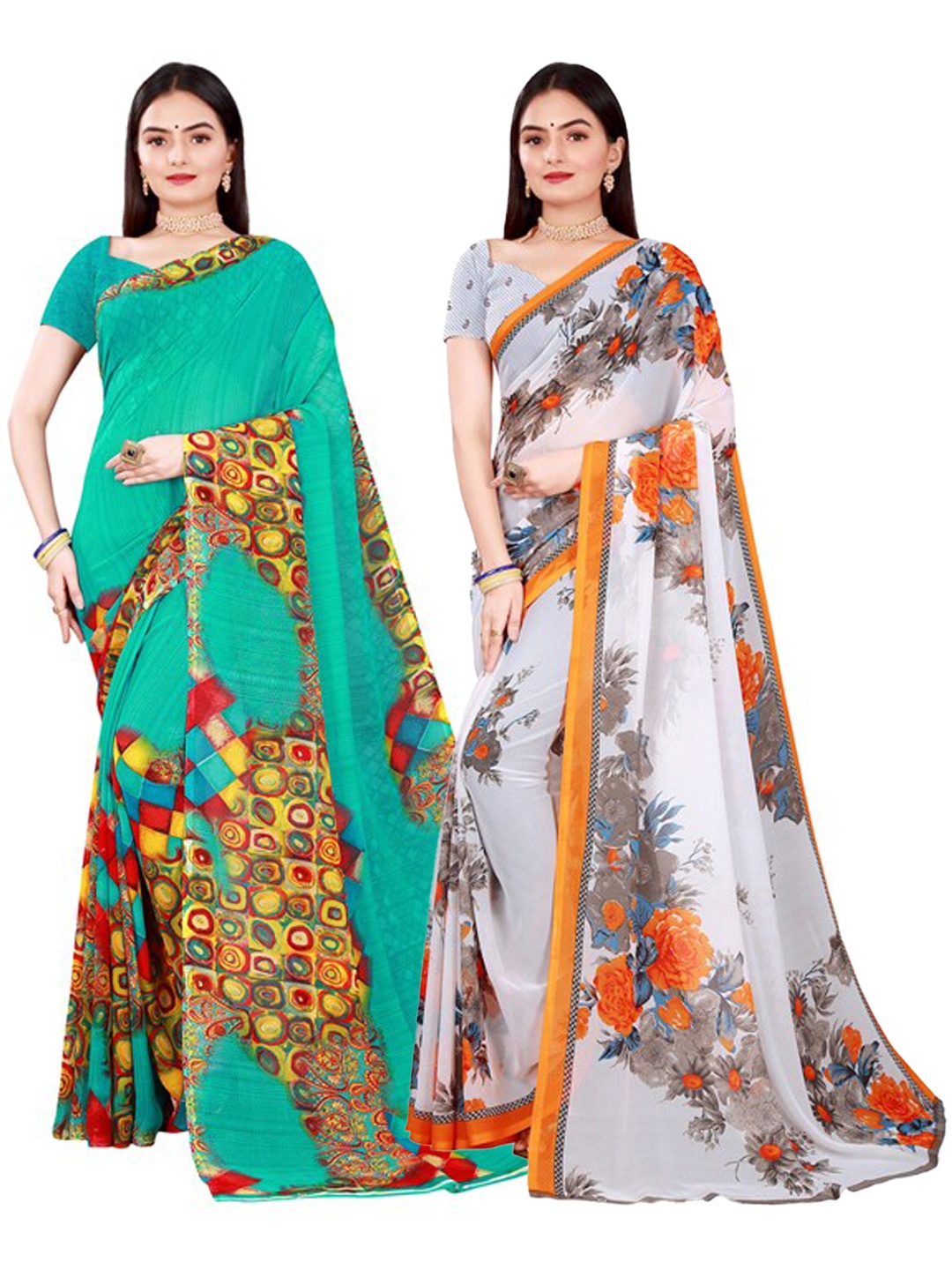 

SAADHVI Pack of 2 White & Blue Floral Pure Georgette Saree