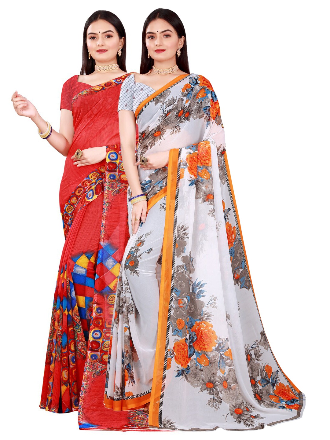 

SAADHVI Women's Georgette Set Of 2 White And Red Printed Saree