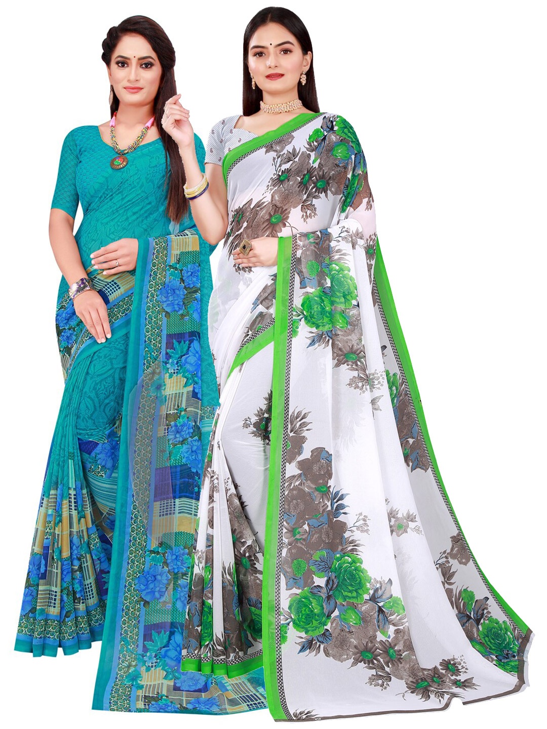 

SAADHVI Pack of 2 White & Blue Floral Pure Georgette Saree