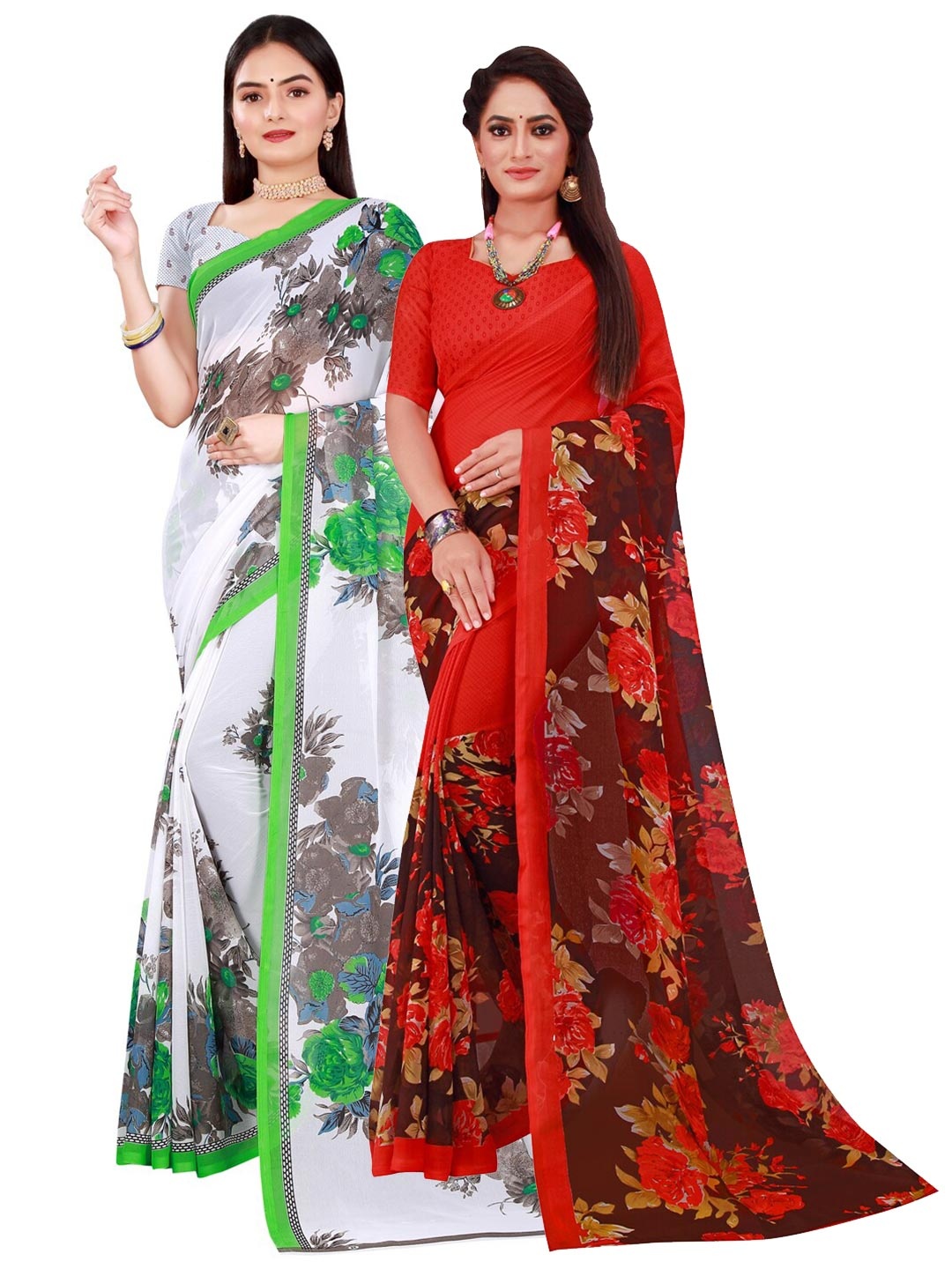 

SAADHVI Pack of 2 White & Red Printed Pure Georgette Saree With Unstitched Blouse Piece