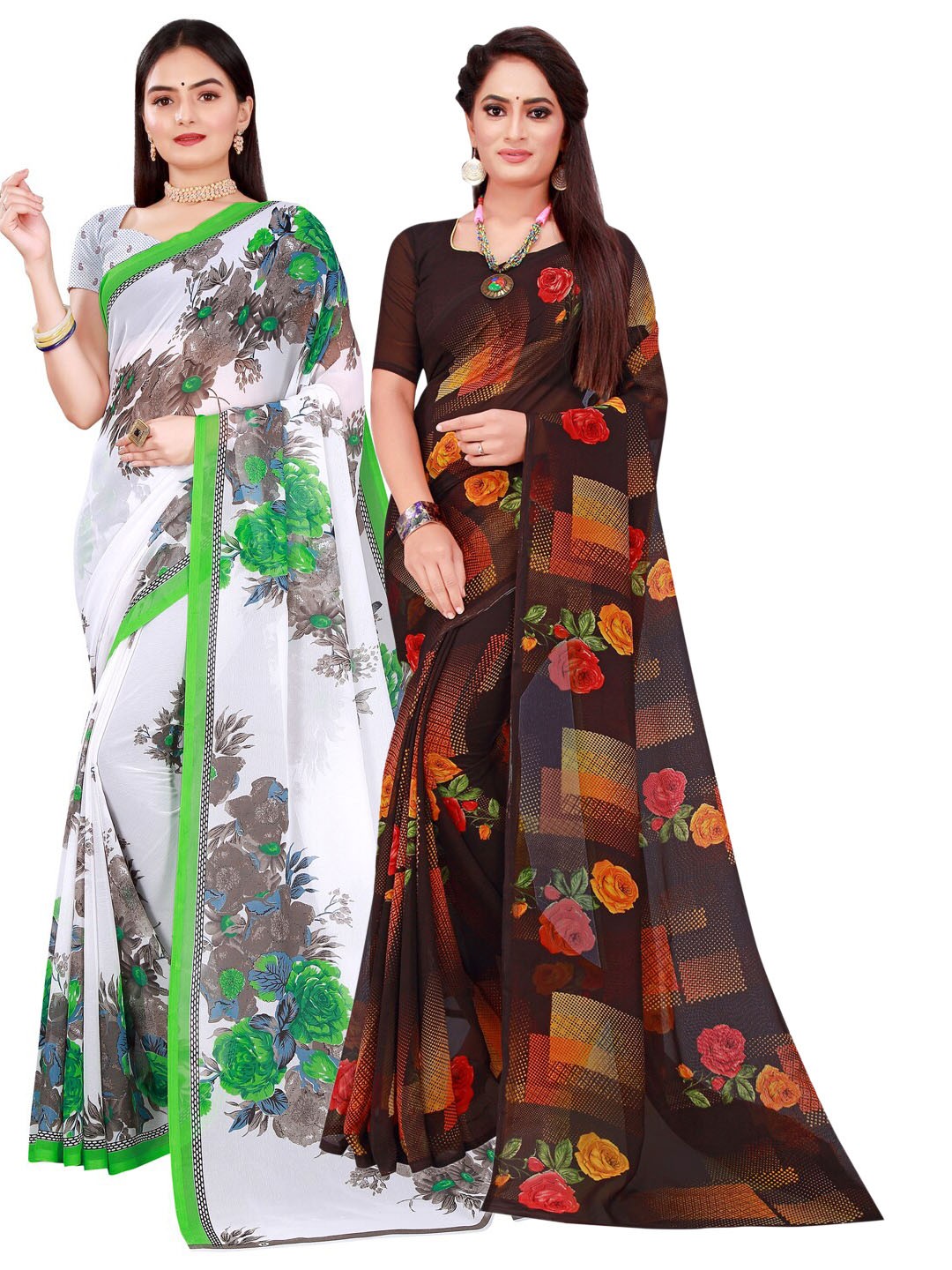 

SAADHVI Women Pack Of 2 White & Brown Printed Pure Georgette Saree