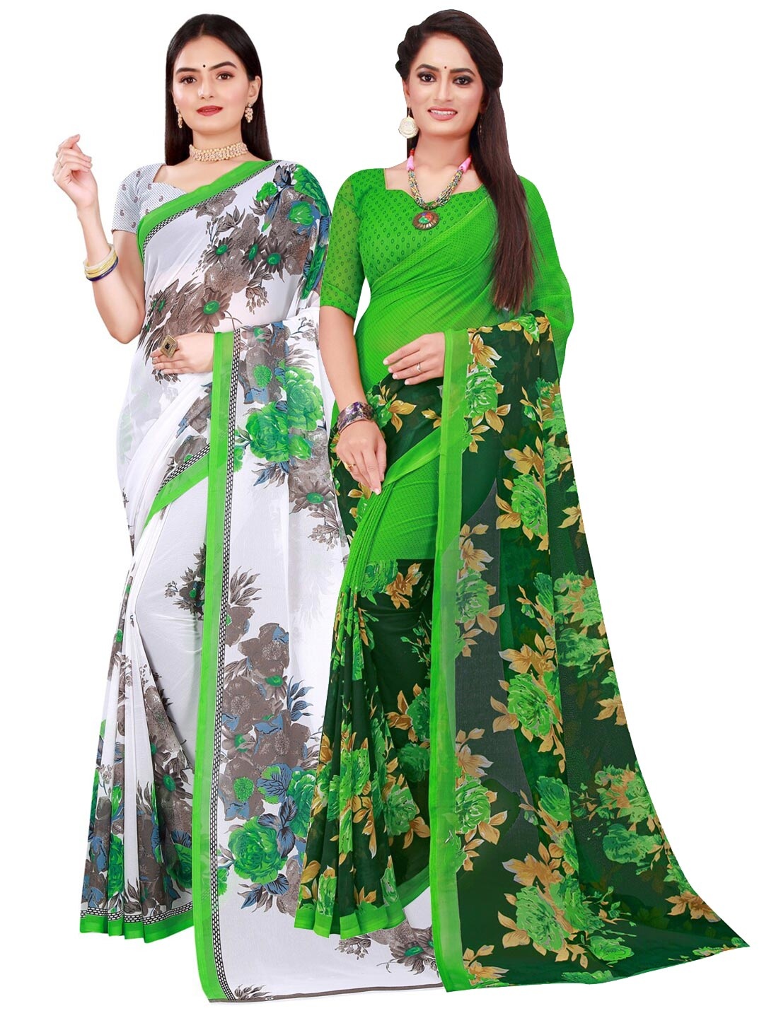 

SAADHVI White & Green Pack of 2 Printed Pure Georgette Saree
