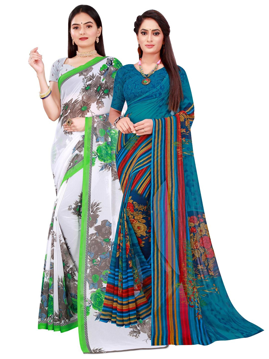 

SAADHVI Pack of 2 White & Blue Pure Georgette Sarees