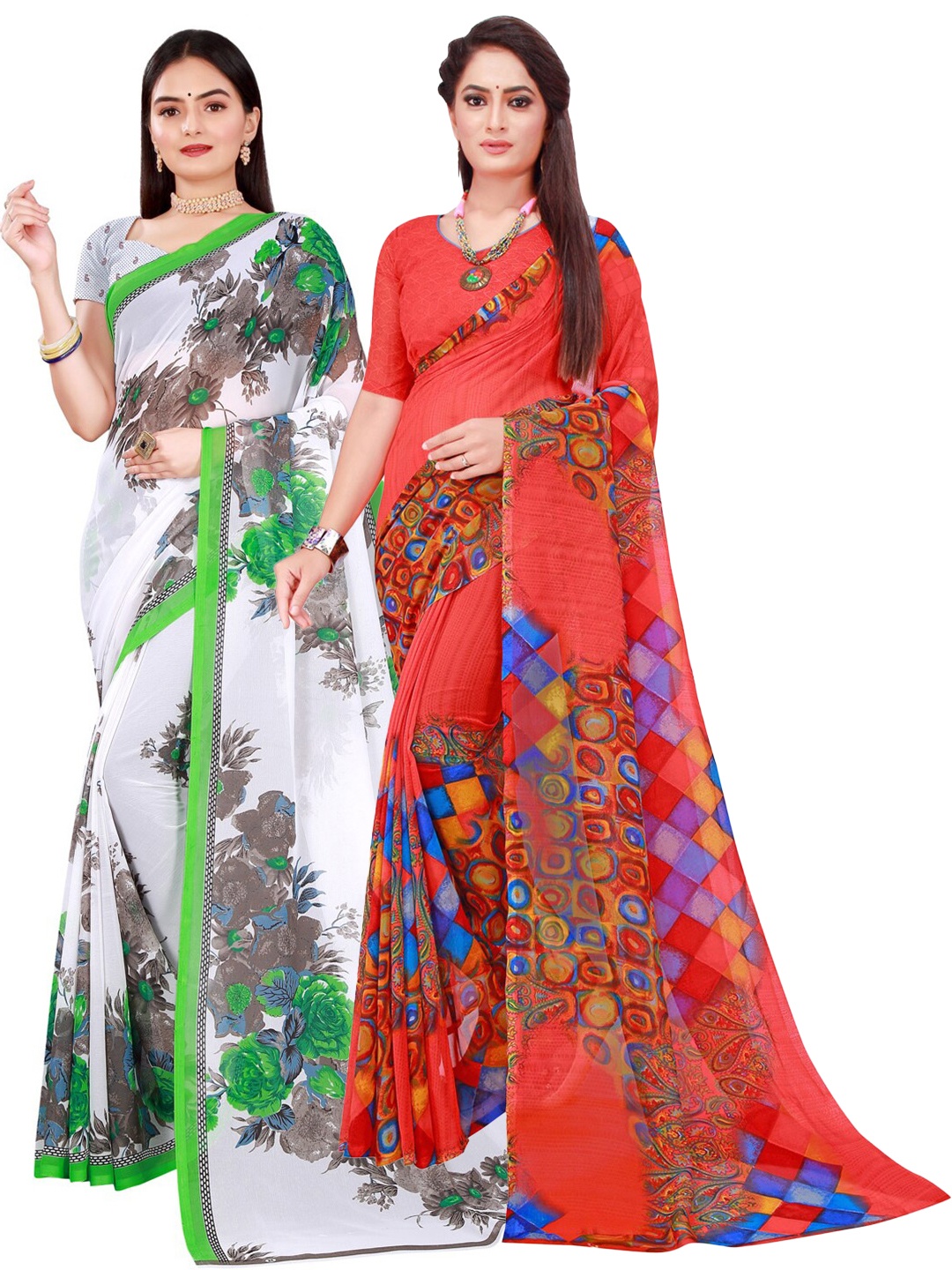 

SAADHVI Pack Of 2 White & Red Floral Pure Georgette Saree