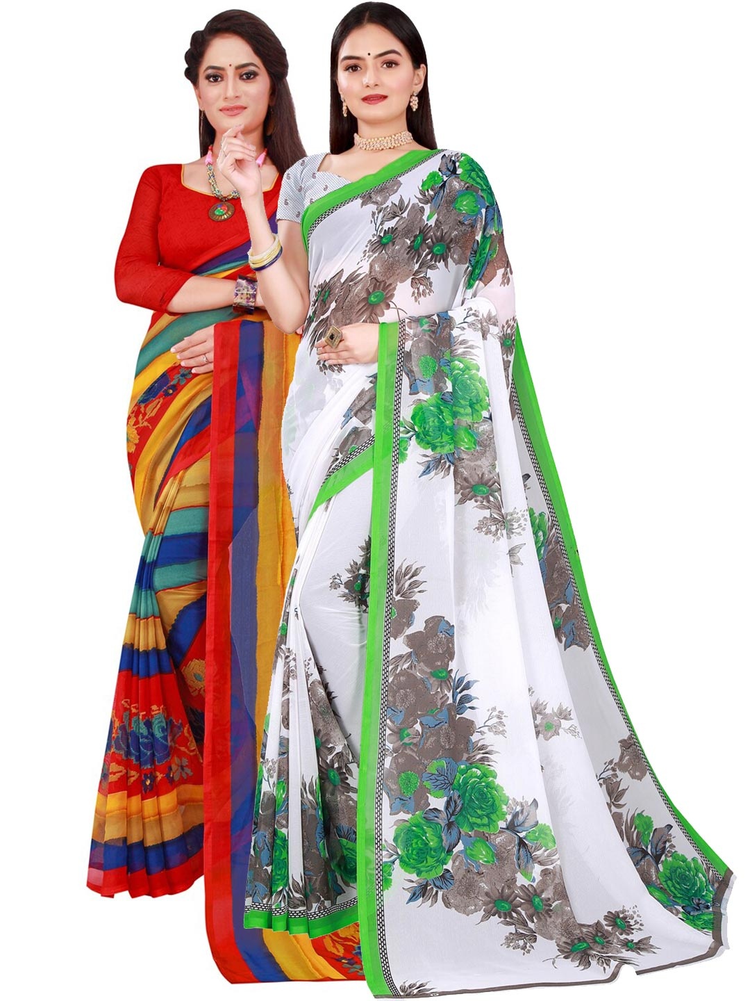 

SAADHVI Set Of 2 White & Navy Blue Floral Pure Georgette Sarees
