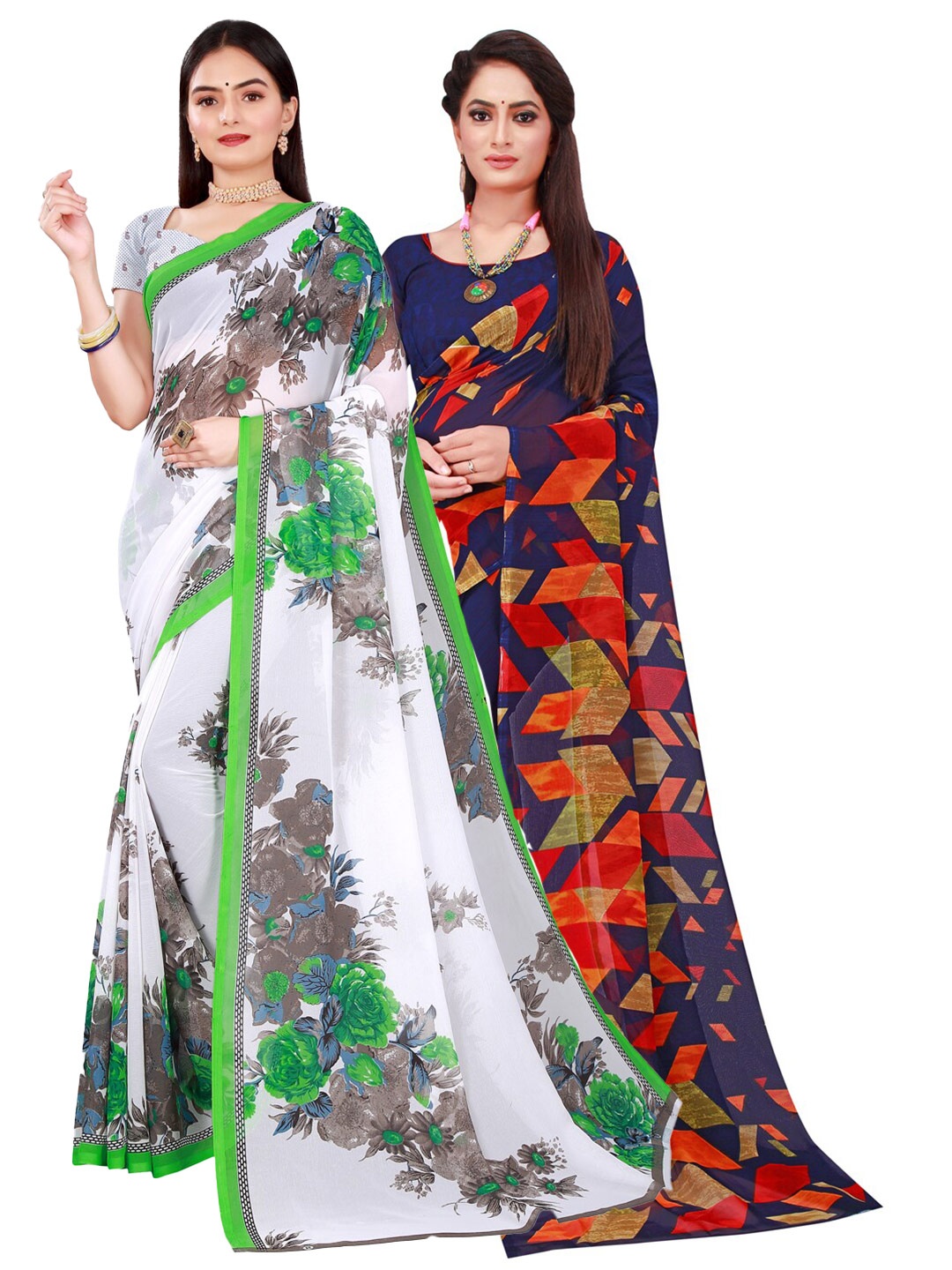 

SAADHVI White & Blue Pack of 2 Floral Pure Georgette Saree