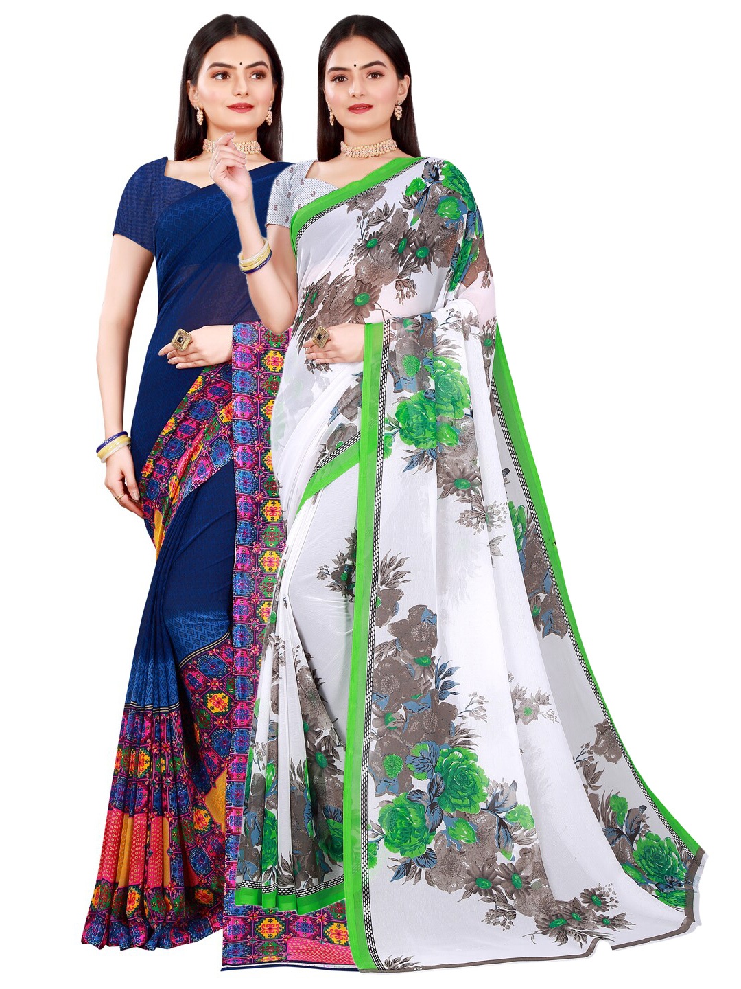 

SAADHVI White & Grey Pure Georgette Saree