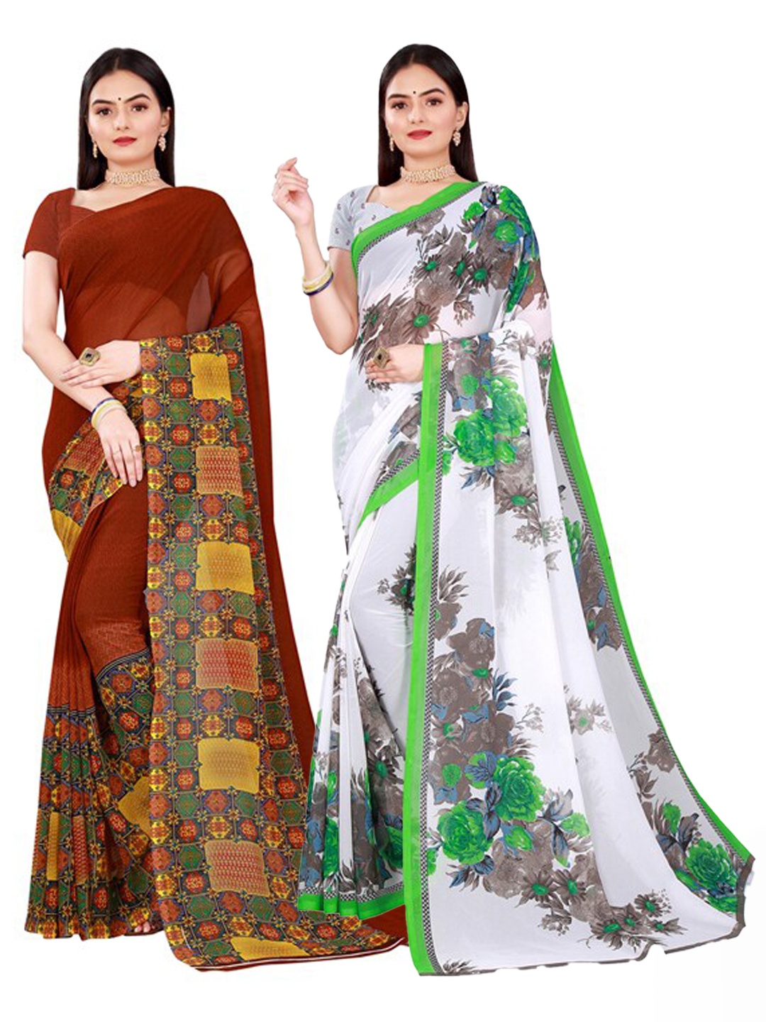 

SAADHVI Set Of 2 White & Grey Floral Pure Georgette Saree