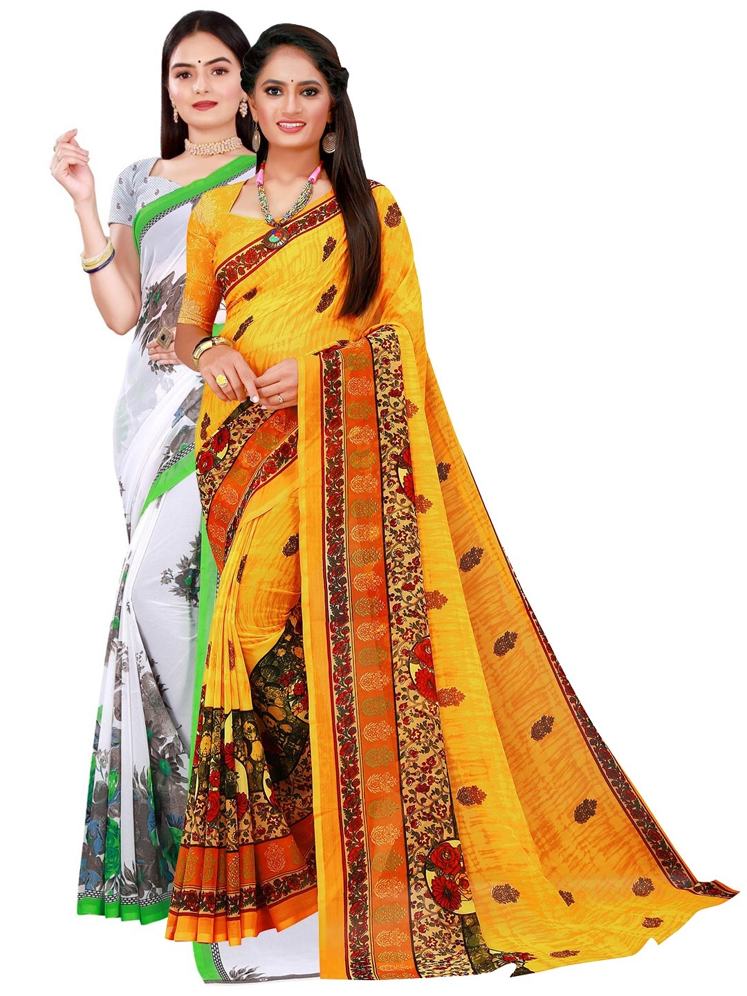 

SAADHVI White & Yellow Floral Pure Georgette Sarees Pack of 2