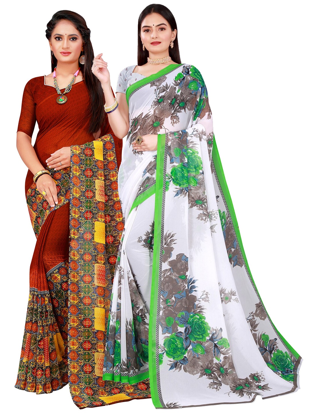 

SAADHVI Pack Of 2 Women White & Maroon Floral Pure Georgette Saree