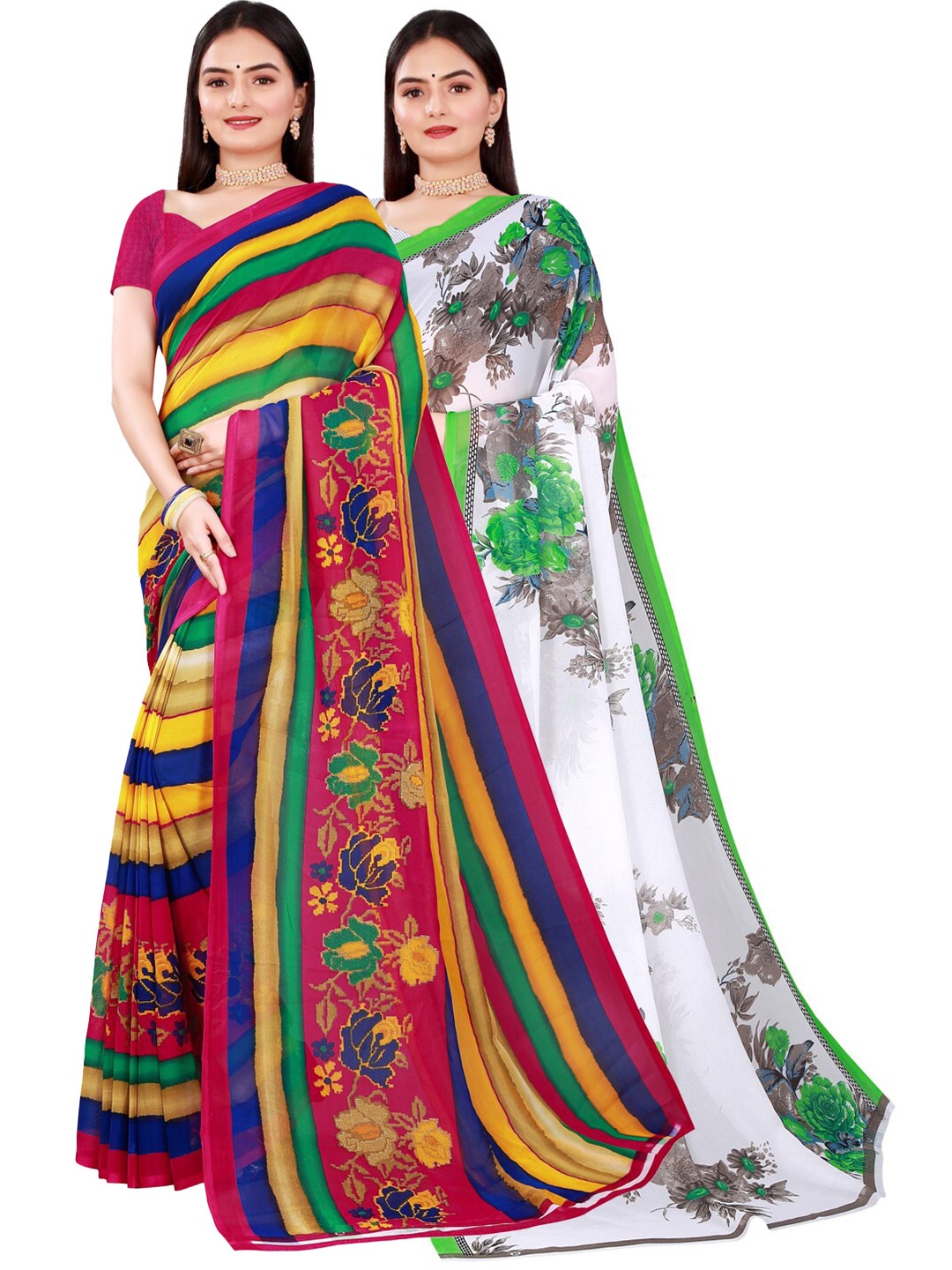 

SAADHVI Pack of 2 White & Yellow Floral Printed Pure Georgette Saree