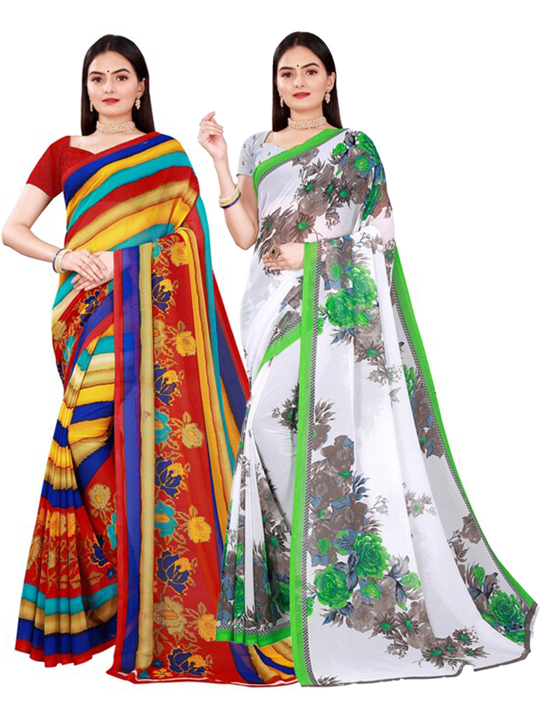 

SAADHVI Pack Of 2 White & Navy Blue Floral Pure Georgette Saree
