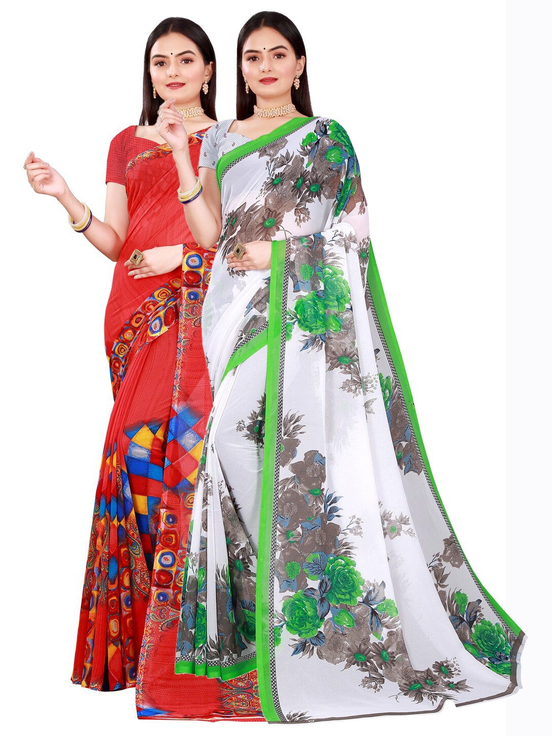 

SAADHVI Pack Of 2 White & Red Pure Georgette Saree