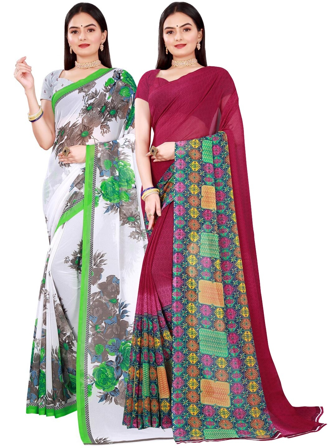 

SAADHVI Pack Of 2 White & Pink Floral Pure Georgette Saree