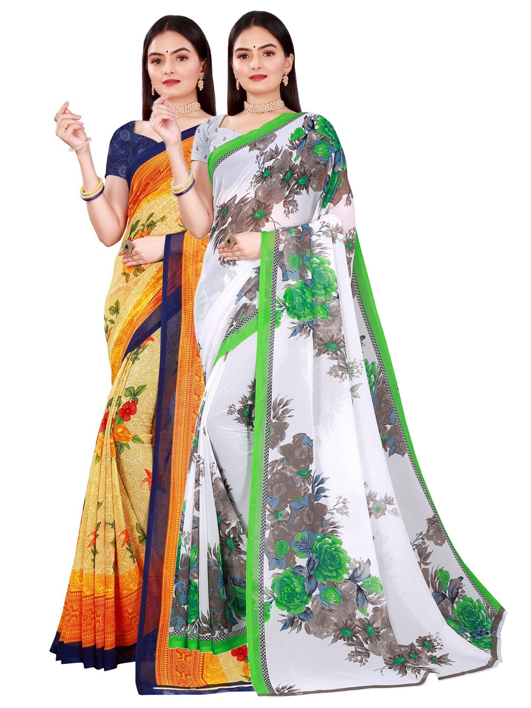 

SAADHVI Set of 2 White & Yellow Floral Pure Georgette Saree