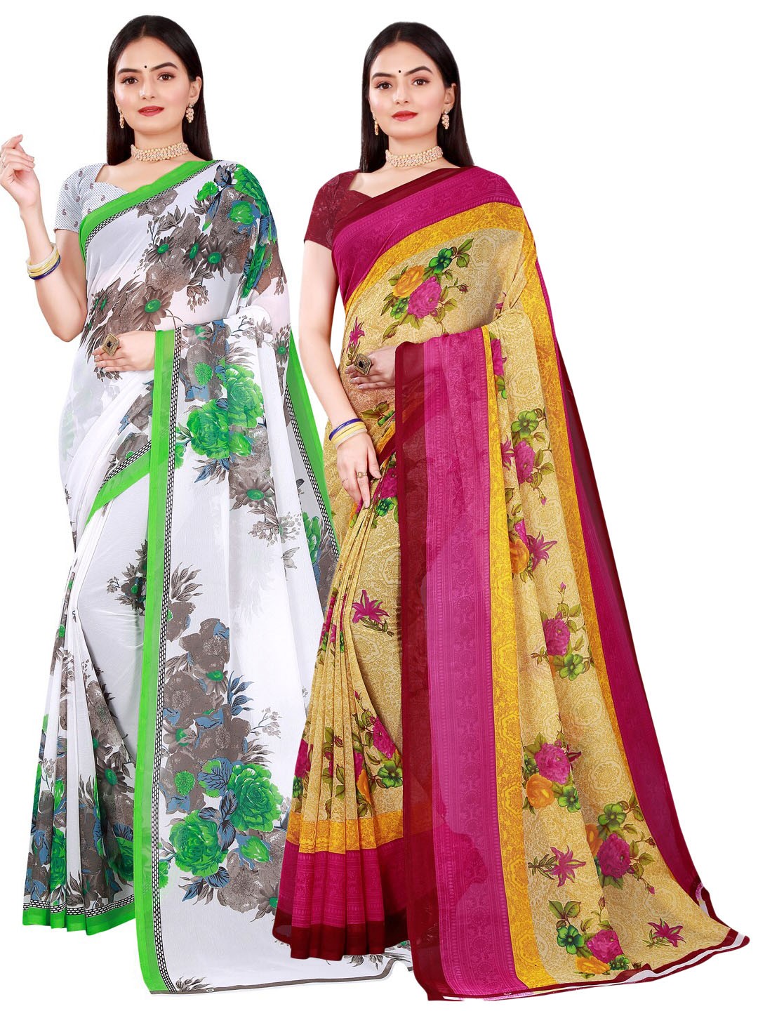 

SAADHVI White & Yellow Pack of 2 Pure Georgette Saree