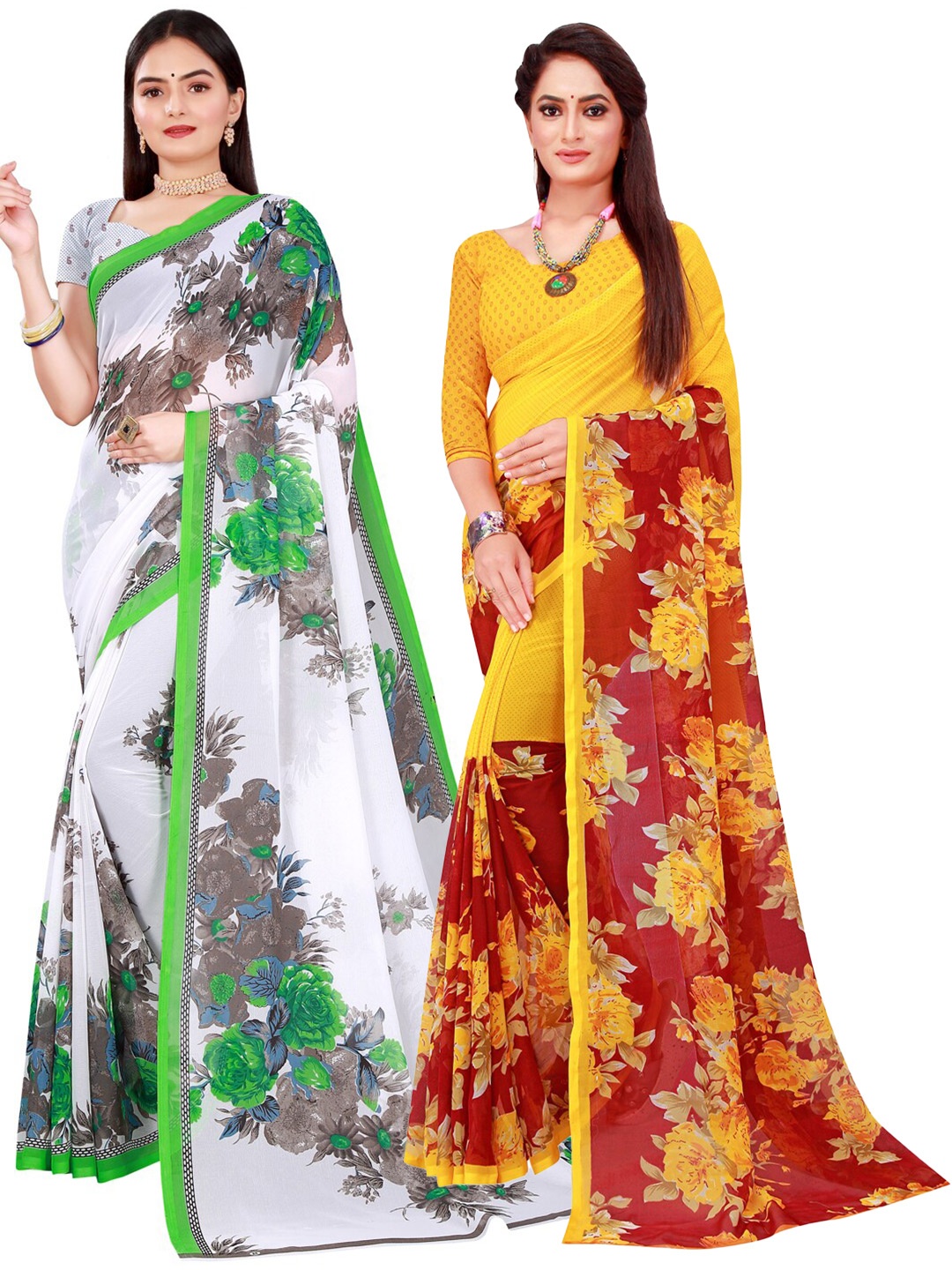 

SAADHVI Pack of 2 White & Yellow Pure Georgette Saree