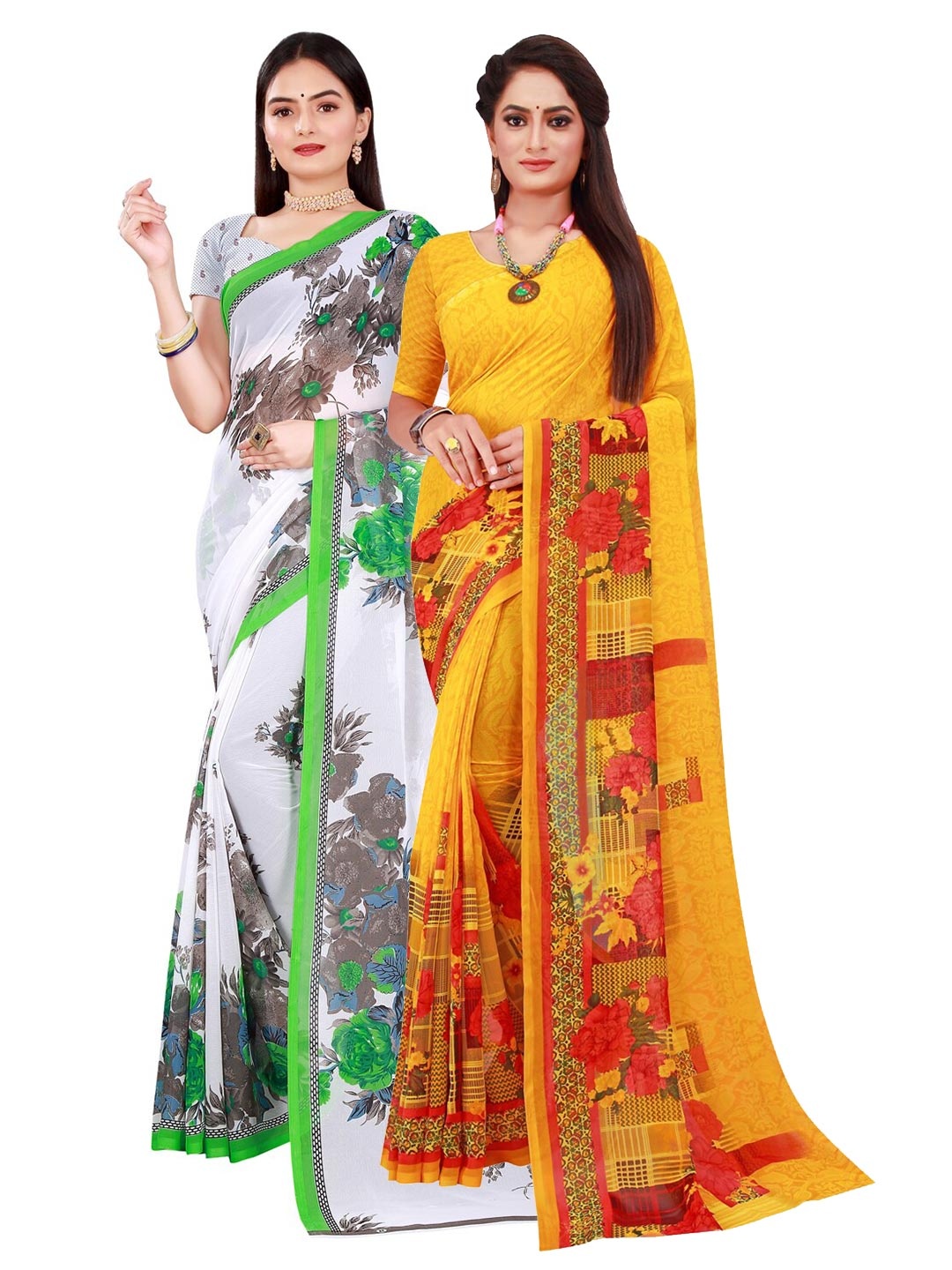 

SAADHVI White & Yellow 2 Pure Georgette Saree