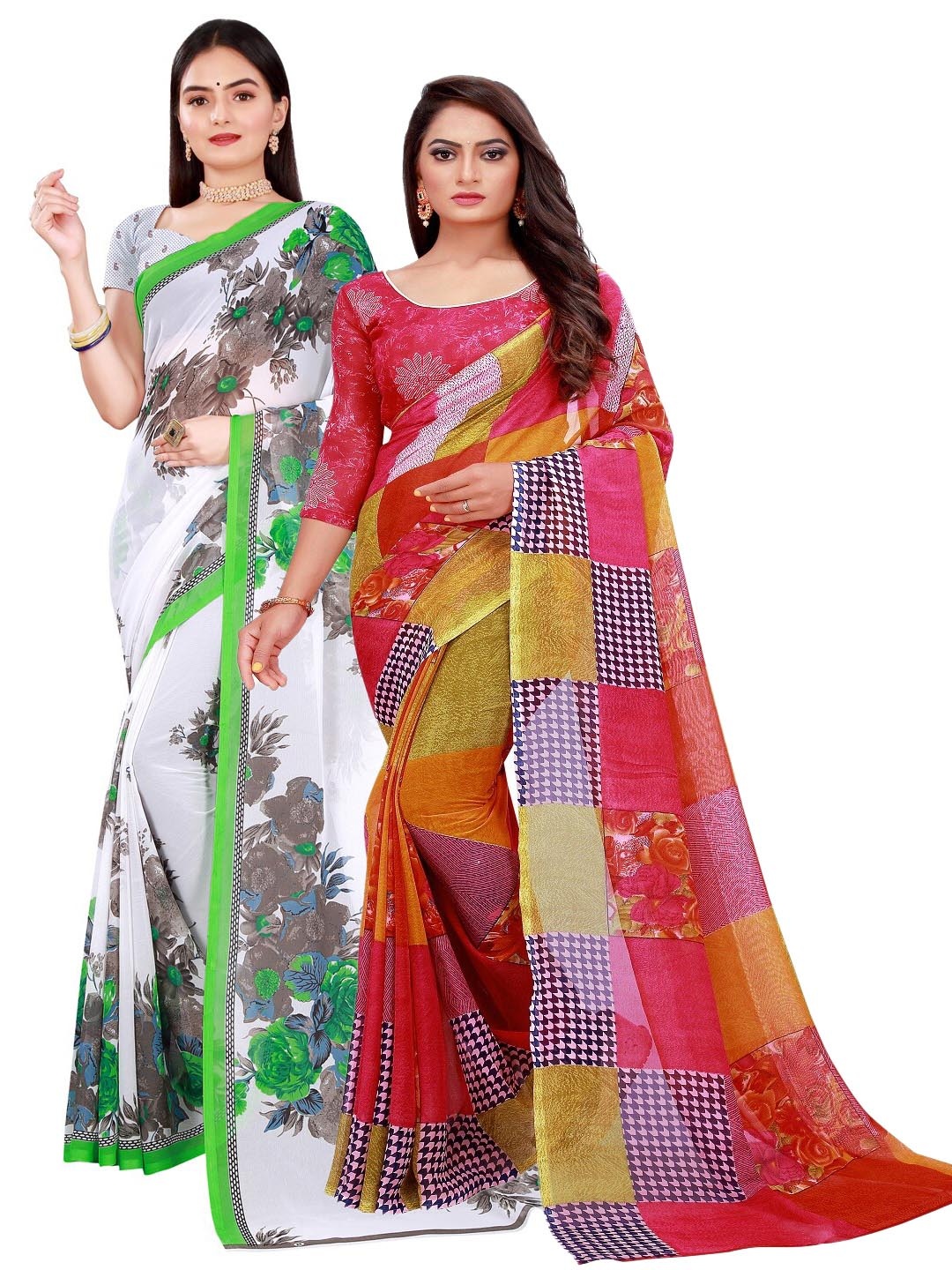 

SAADHVI Pack Of 2 White & Red Floral Pure Georgette Saree