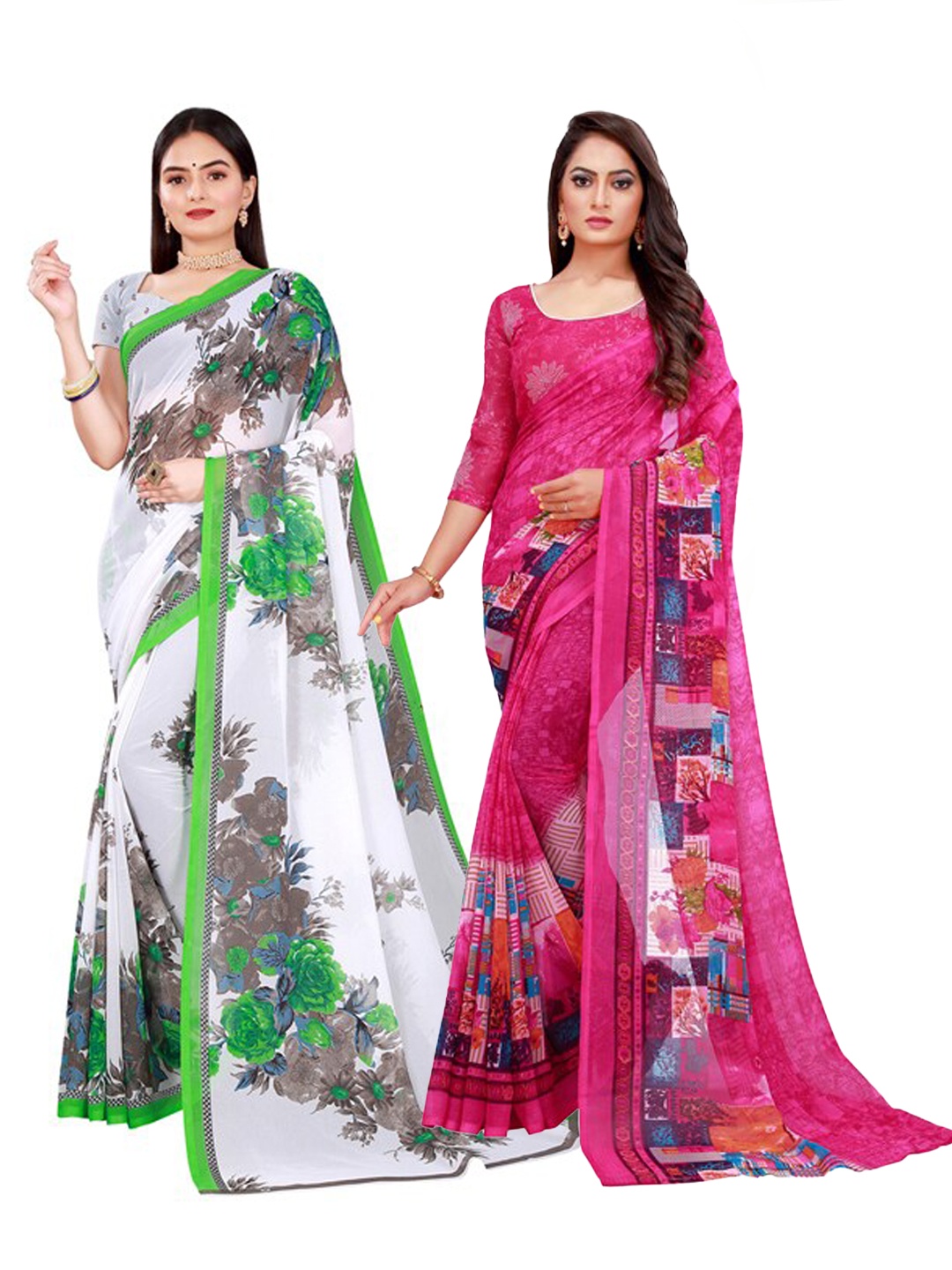 

SAADHVI Pack of 2 White & Pink Floral Pure Georgette Saree