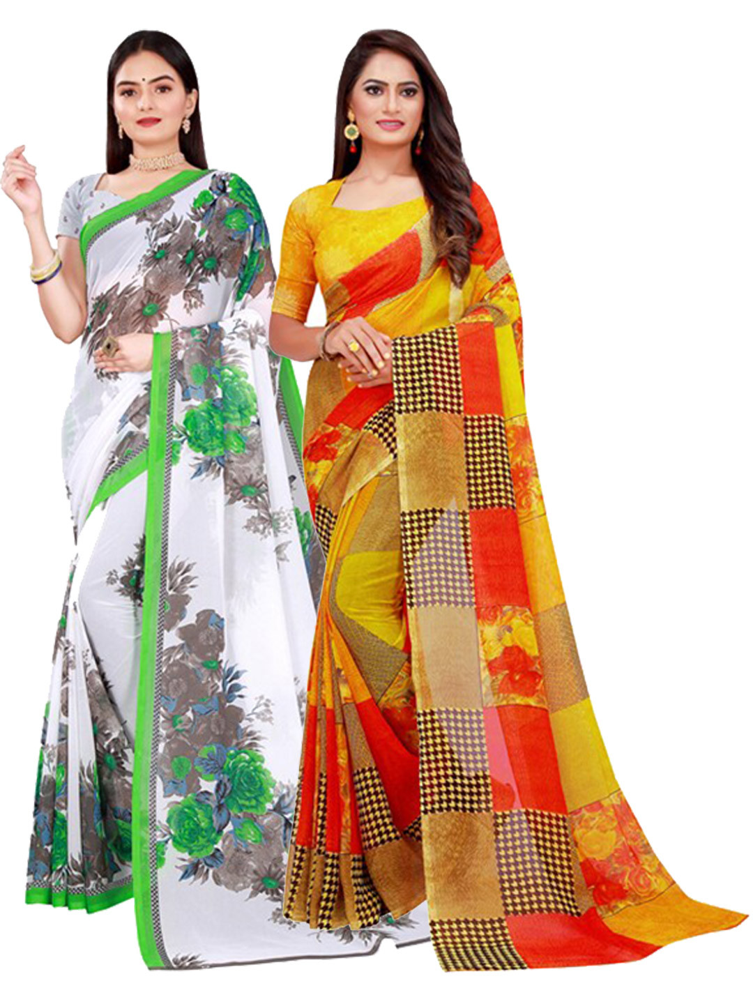 

SAADHVI Women's Georgette Set Of 2 White And Yellow Printed Saree