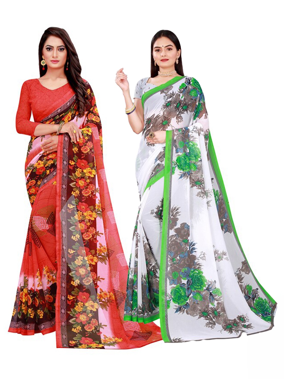 

SAADHVI Pack of 2 White & Red Floral Pure Georgette Saree