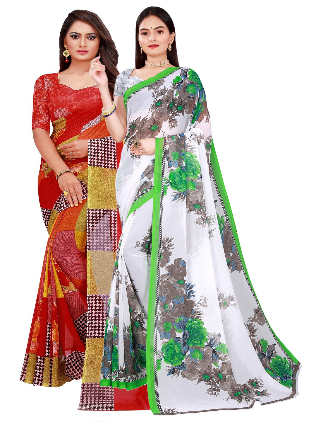 

SAADHVI White & Red Pure Georgette Saree