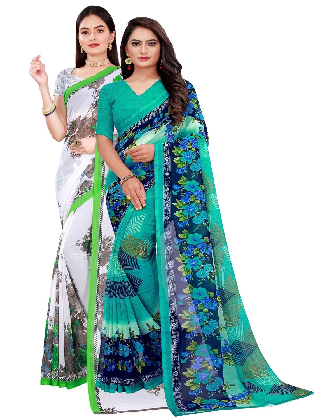 

SAADHVI Pack of 2 White & White Floral Pure Georgette Saree