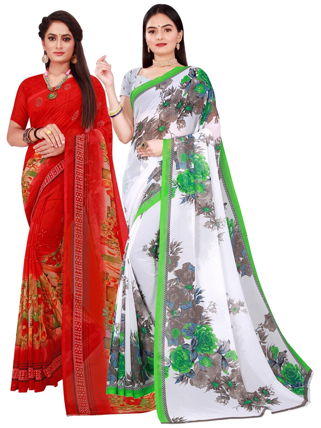 

SAADHVI Pack Of 2 White & Red Floral Pure Georgette Saree
