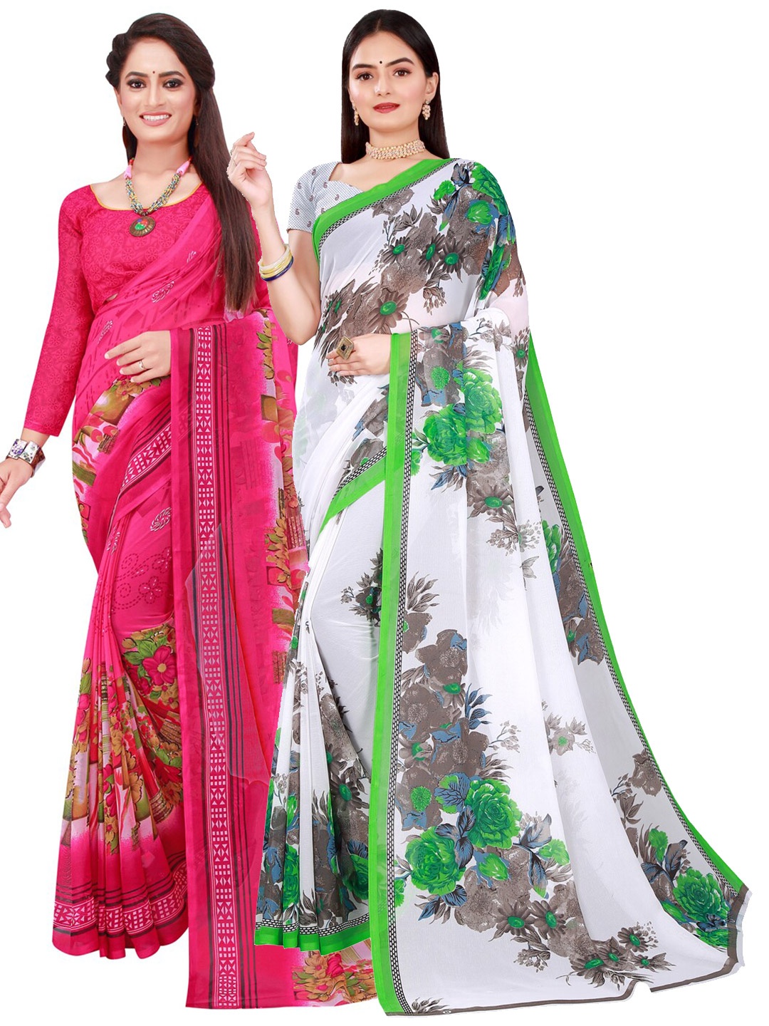 

SAADHVI Pack of 2 White & Pink Floral Pure Georgette Saree