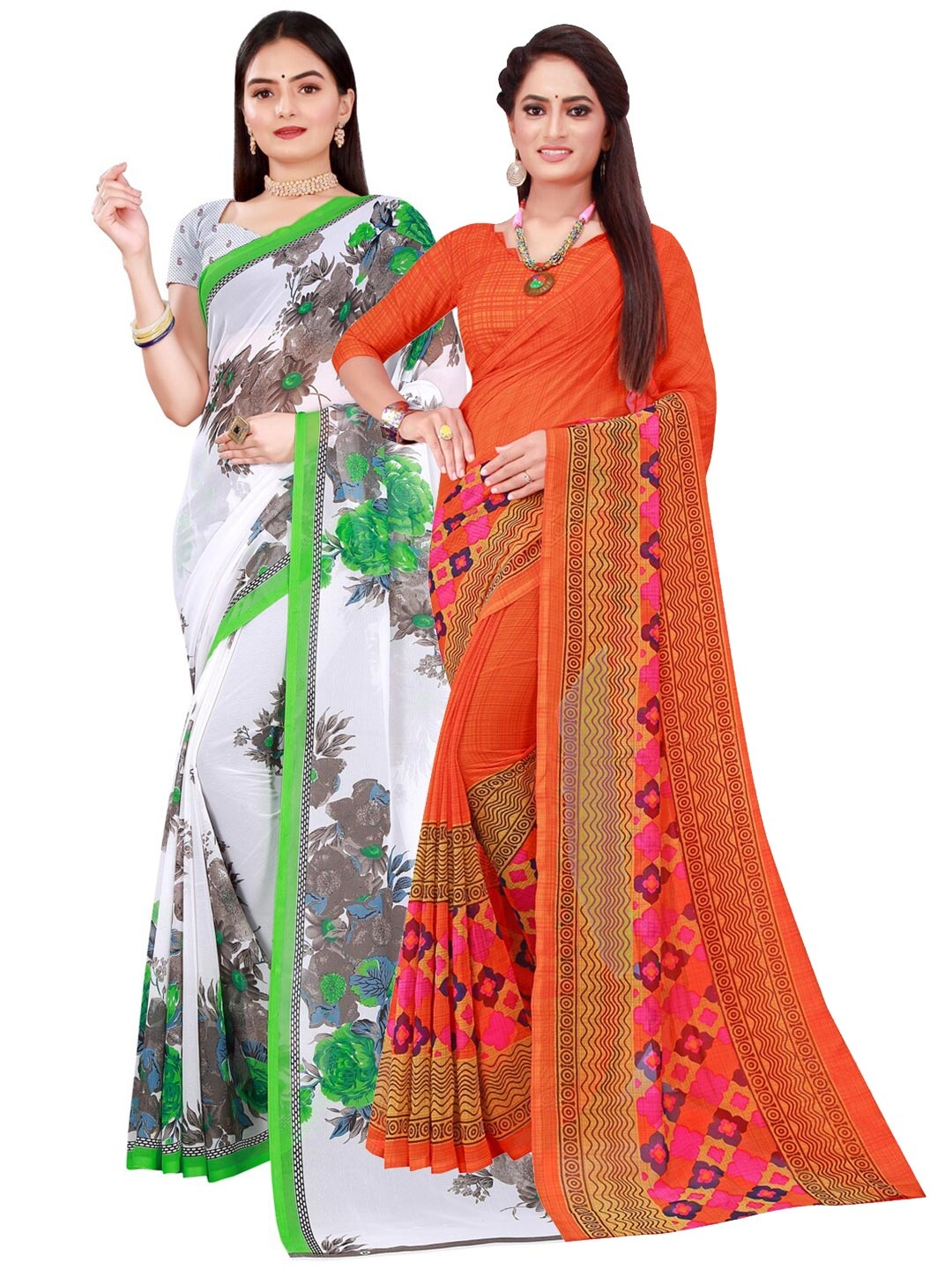

SAADHVI Women Pack Of 2 White & Red Printed Pure Georgette Saree