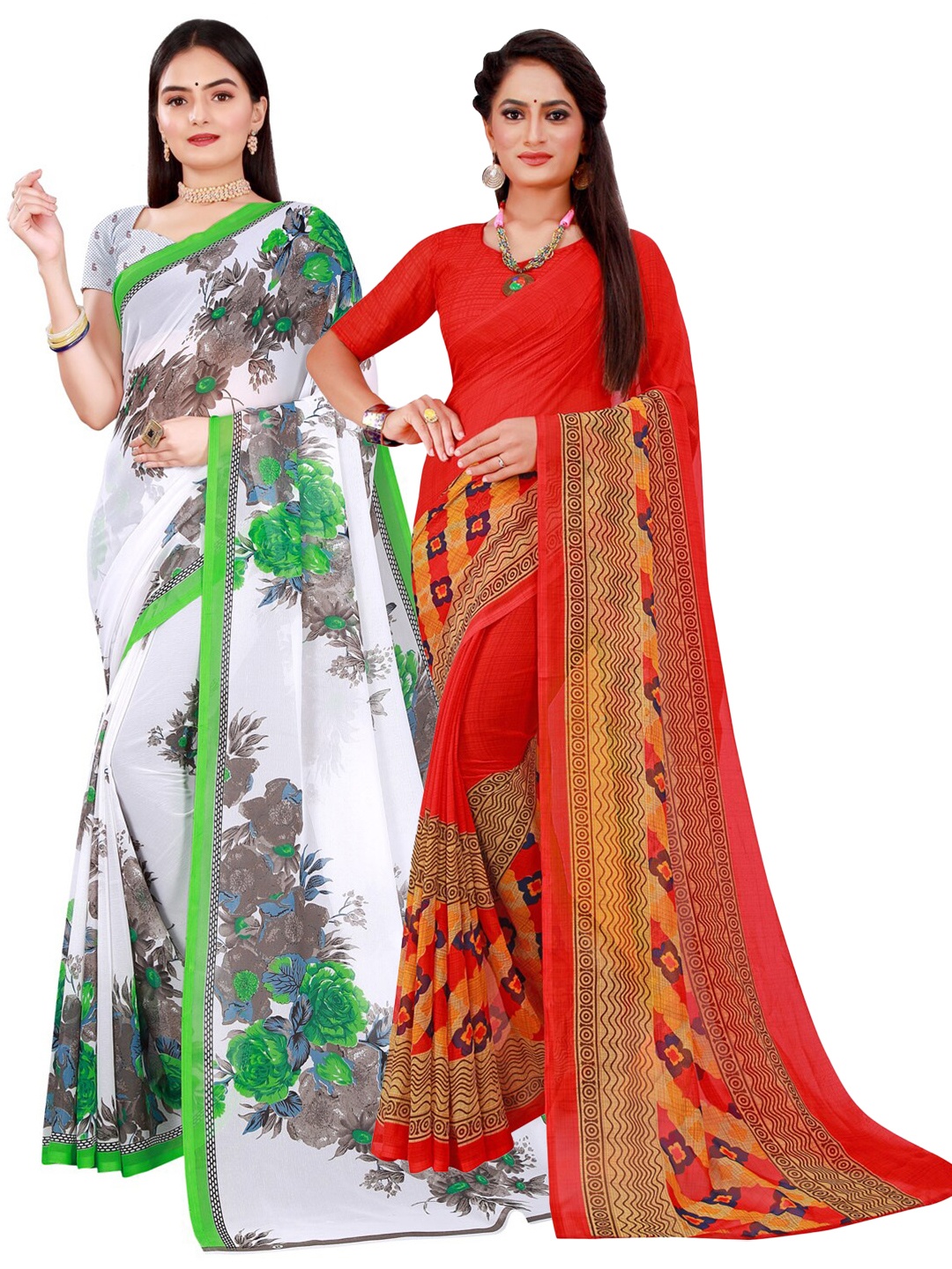 

SAADHVI Pack of 2 White & Red Ethnic Motifs Pure Georgette Saree