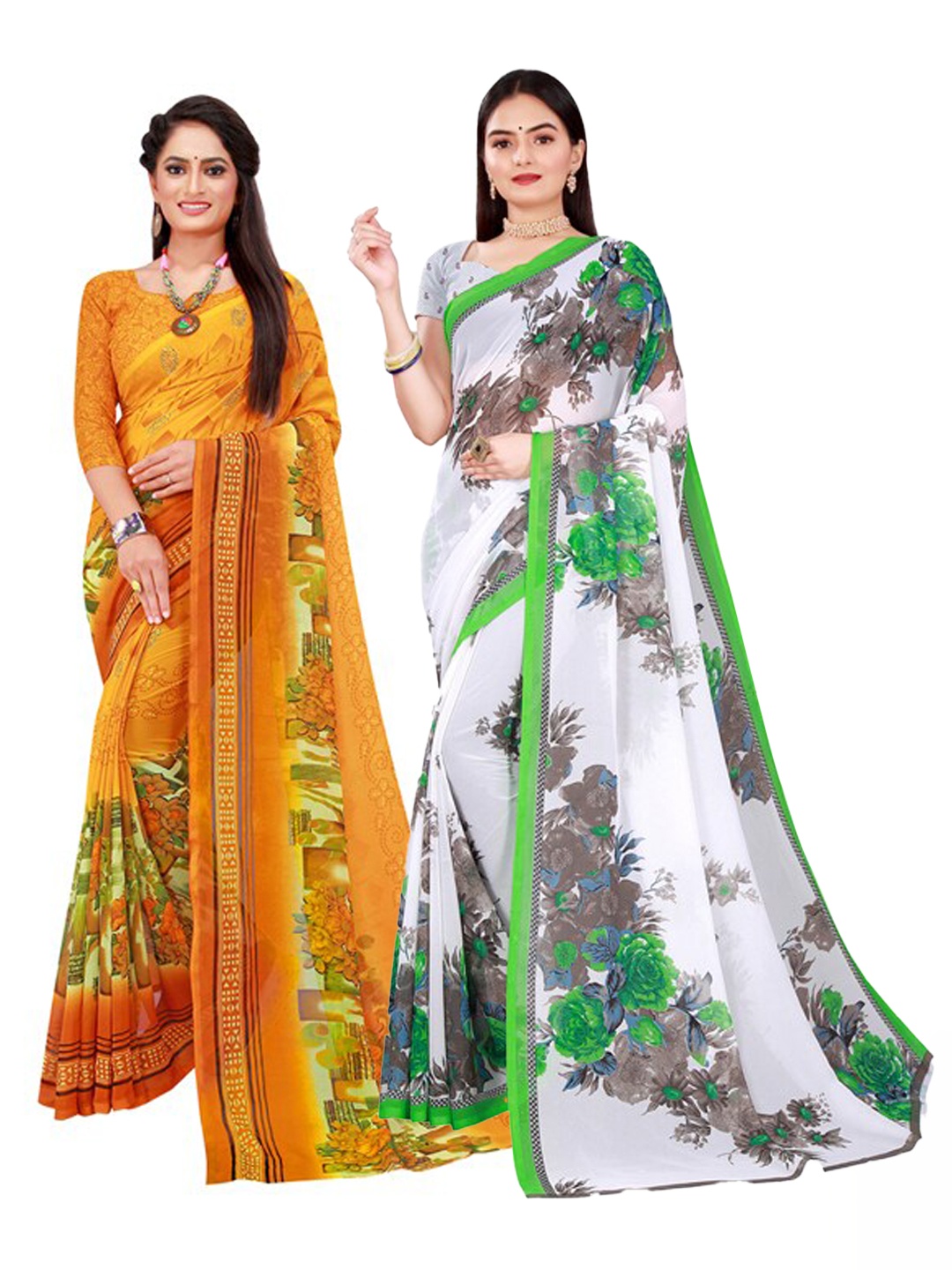 

SAADHVI White & Yellow Pack of 2 Printed Pure Georgette Saree