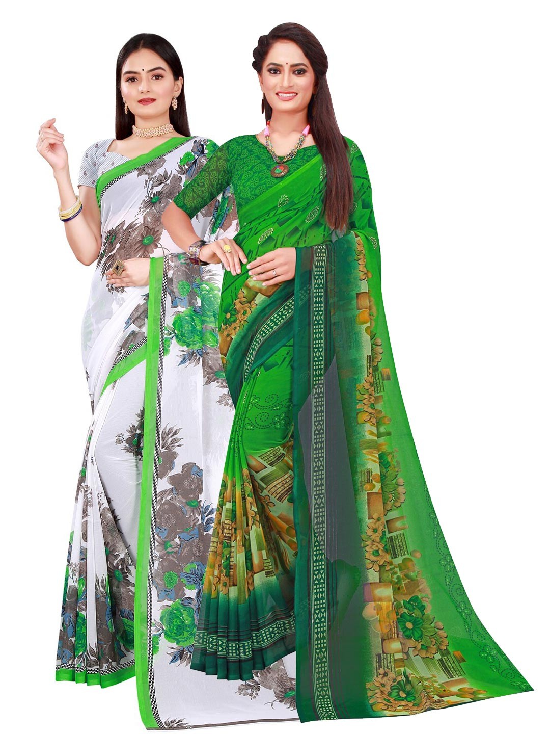 

SAADHVI White & Green Pack of 2 Floral Pure Georgette Saree