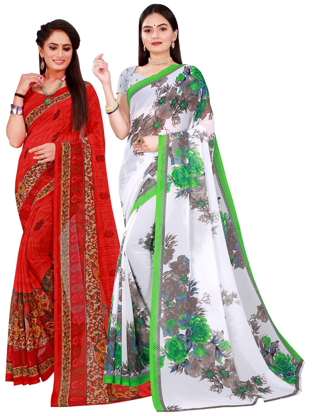 

SAADHVI White & Red Pack of 2 Floral Pure Georgette Saree