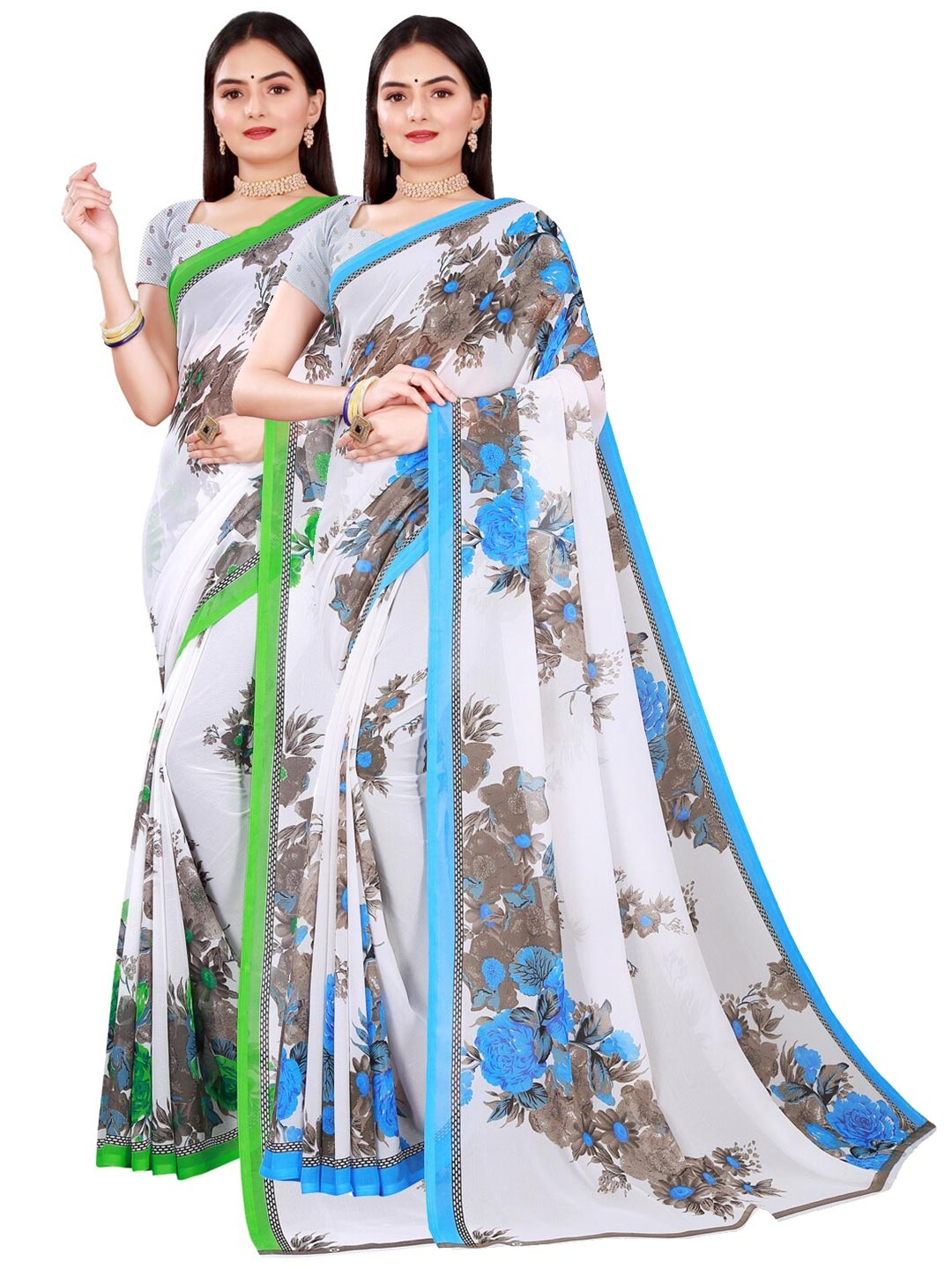 

SAADHVI White & Grey Pure Georgette Saree