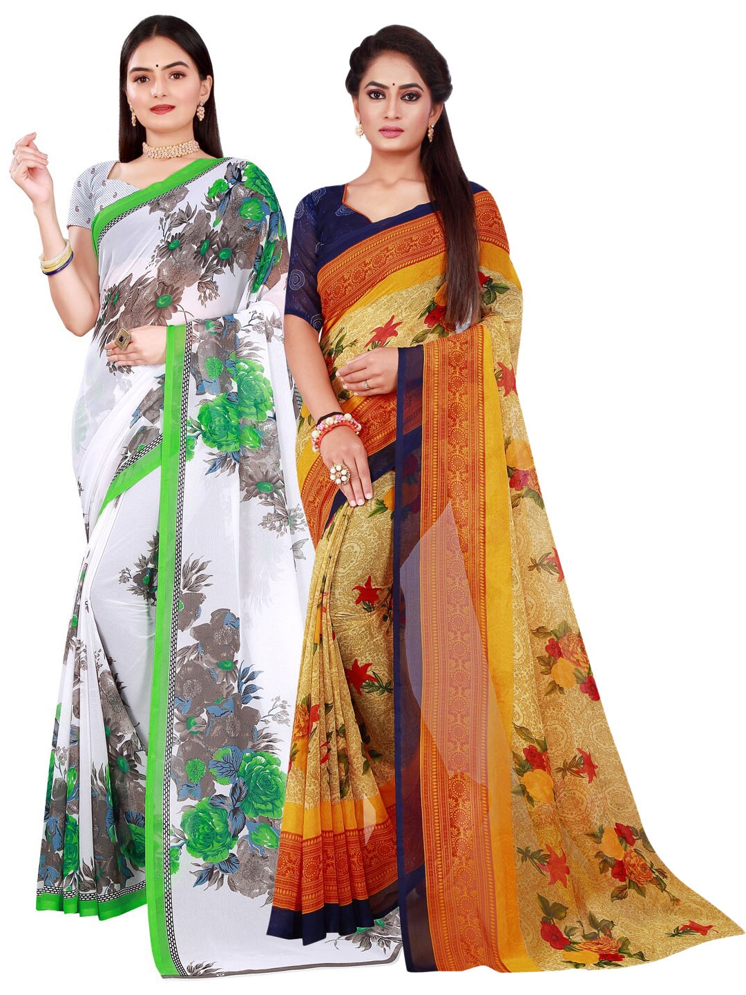 

SAADHVI White & Beige Floral Pure Georgette Saree