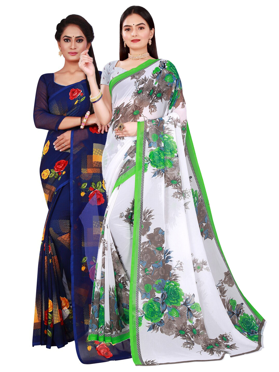 

SAADHVI Set Of 2 White & Blue Floral Pure Georgette Saree
