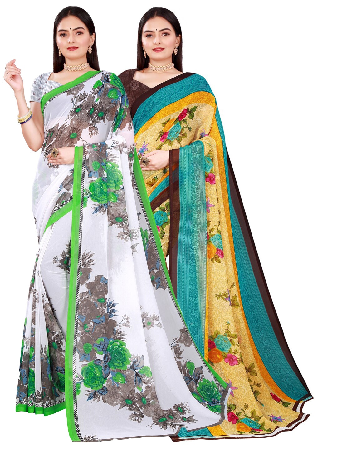 

SAADHVI White & Beige Floral Pure Georgette Sarees Pack of 2