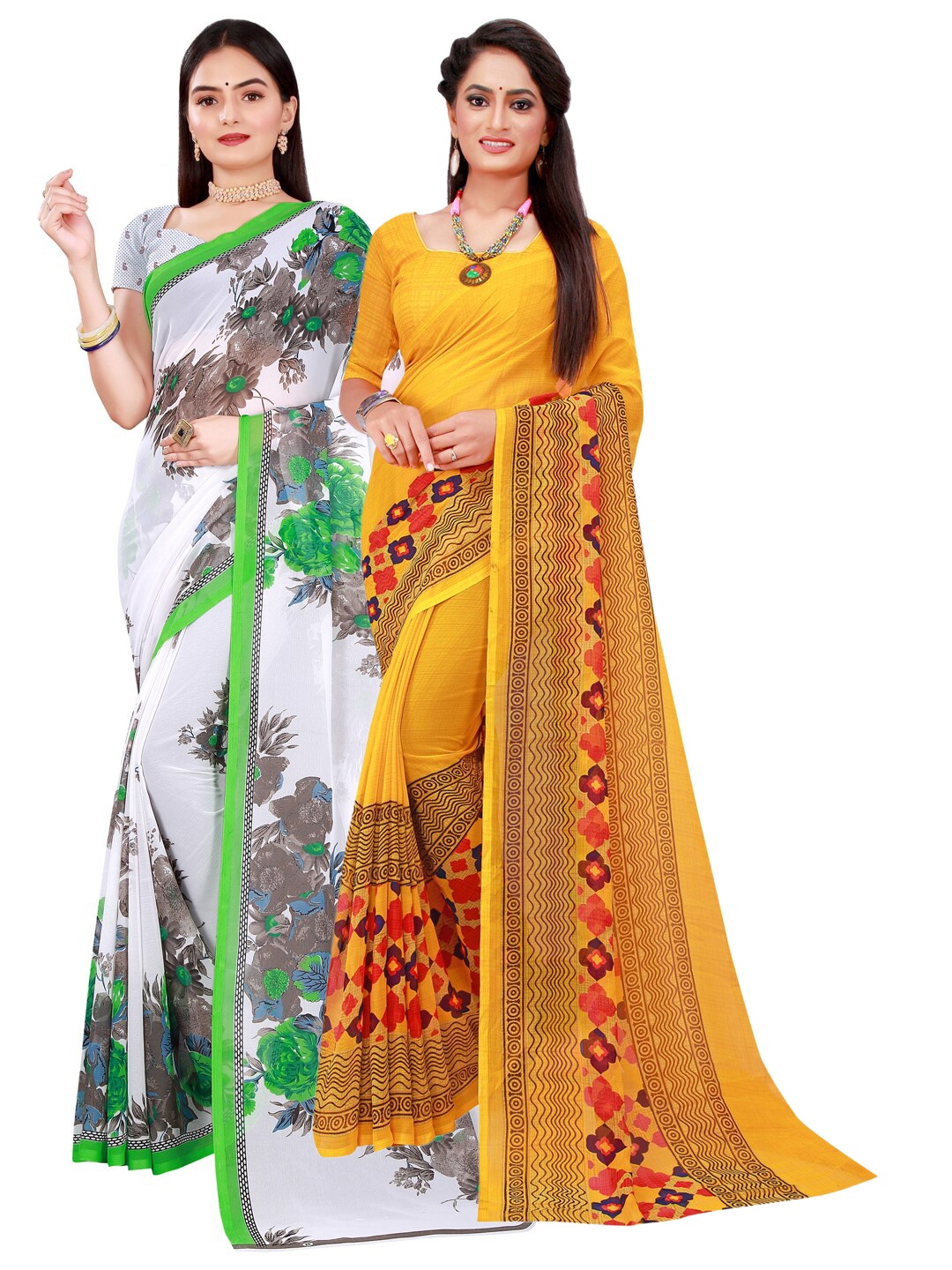 

SAADHVI Pack of 2 White & Yellow Floral Printed Pure Georgette Saree