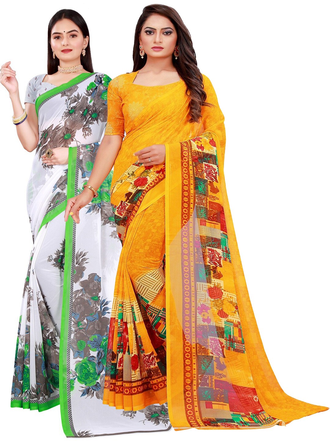

SAADHVI Pack Of 2 White & Yellow Floral Pure Georgette Saree