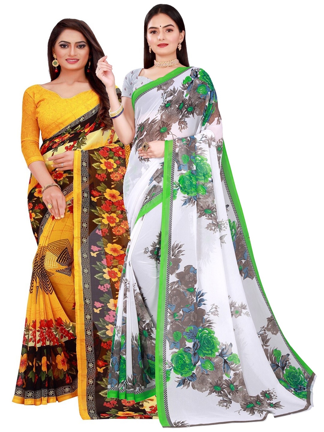 

SAADHVI Set of 2 White & Yellow Floral Pure Georgette Saree