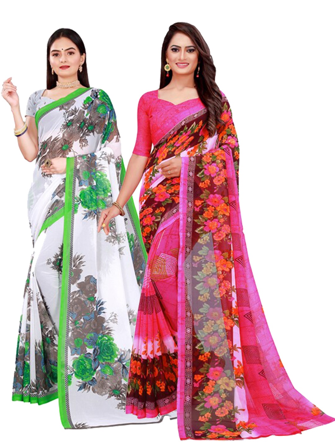 

SAADHVI Women Pack of 2 White & Pink Printed Pure Georgette Saree