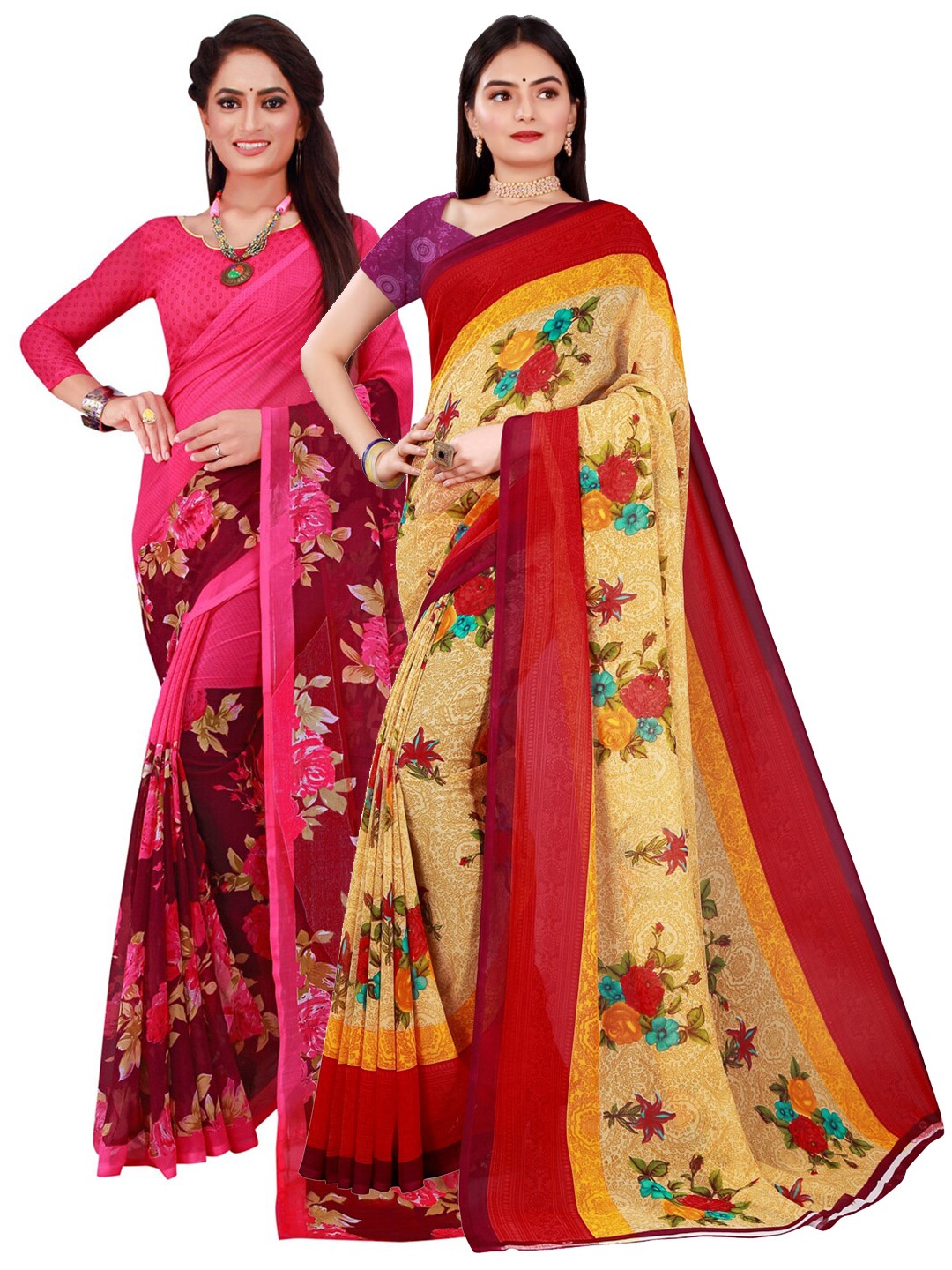 

SAADHVI Pack of 2 Beige & Magenta Floral Pure Georgette Saree