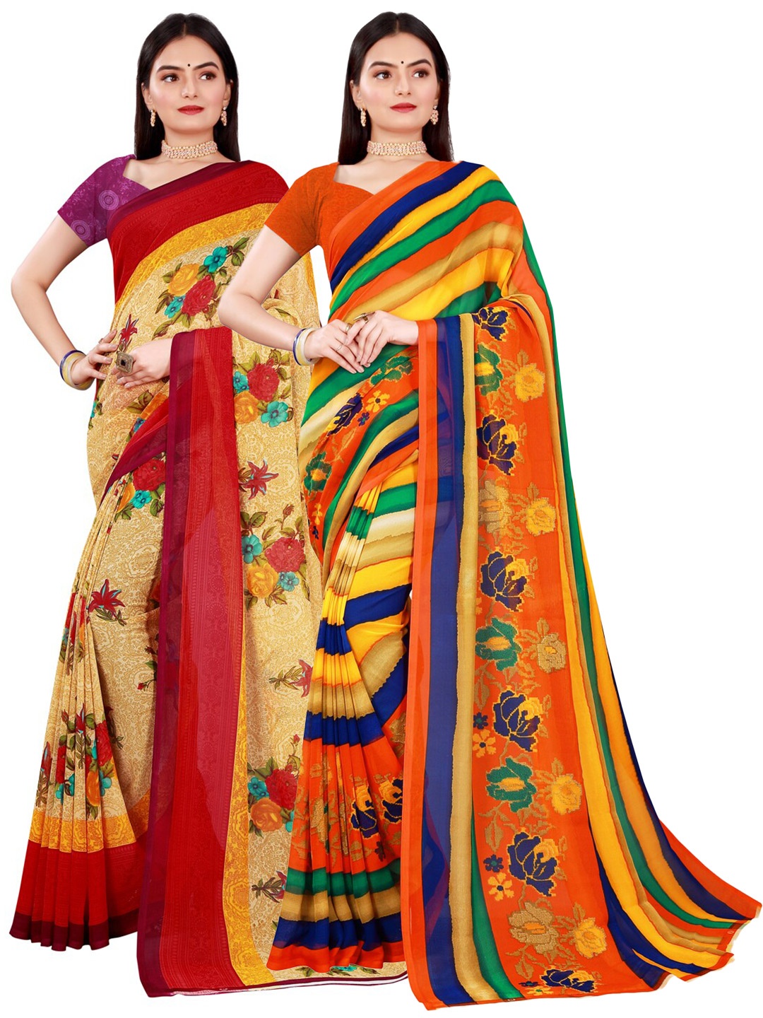 SAADHVI Pack Of 2 Beige & Red Floral Pure Georgette Saree