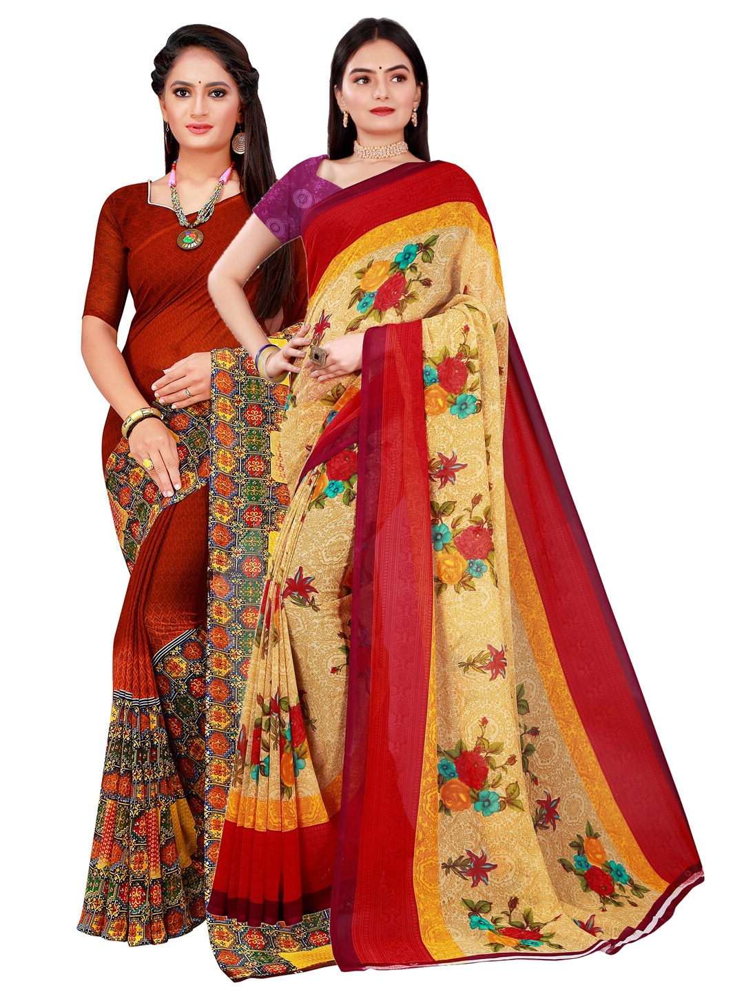 

SAADHVI Women Pack Of 2 Beige & Brown Printed Pure Georgette Saree