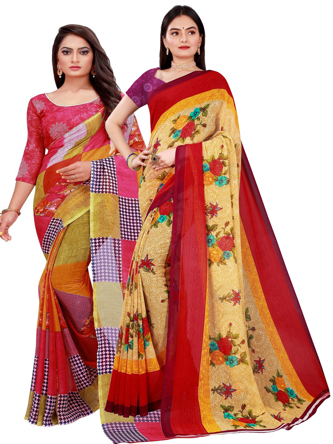 

SAADHVI Pack Of 2 Red & Beige Floral Pure Georgette Saree