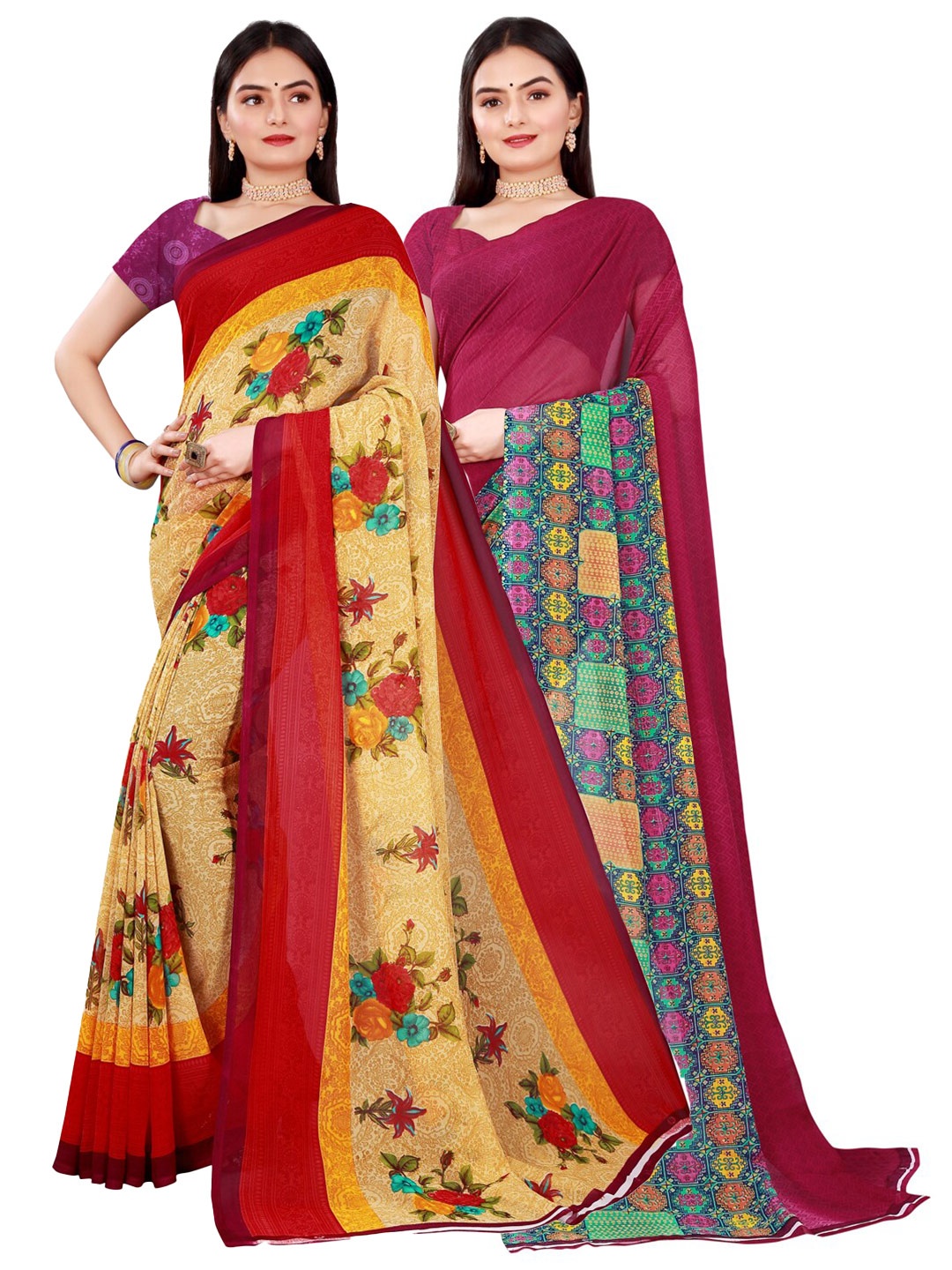 

SAADHVI Women Pack Of 2 Beige & Maroon Printed Pure Georgette Saree